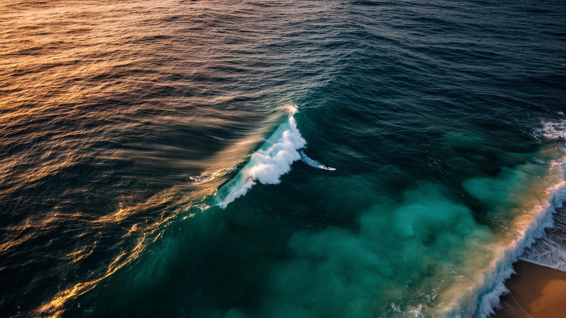 Surfer riding a turquoise wave at golden hour
